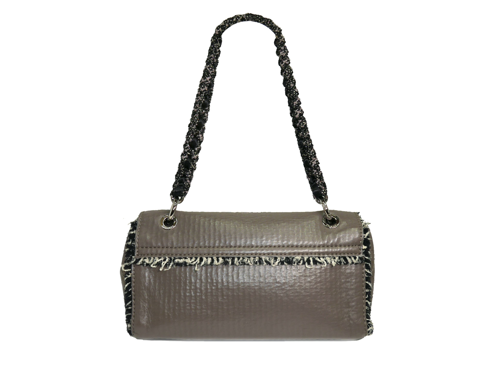 Chanel 13128699 Distressed Taupe Calfskin Tweed Trimmed Flap Bag -33078 Chanel 13128699 Distressed Taupe Calfskin Tweed Trimmed Flap Bag -33078