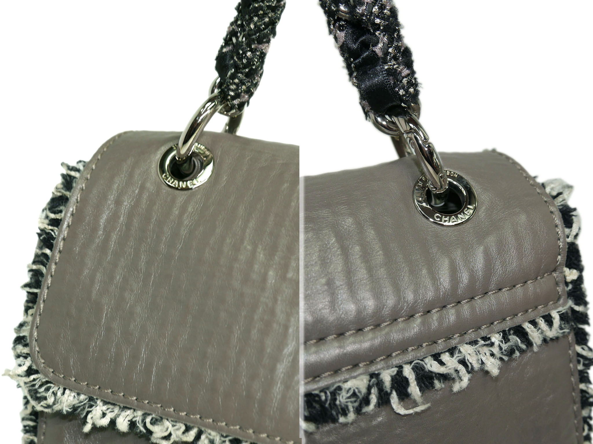 Chanel 13128699 Distressed Taupe Calfskin Tweed Trimmed Flap Bag -33079 Chanel 13128699 Distressed Taupe Calfskin Tweed Trimmed Flap Bag -33079