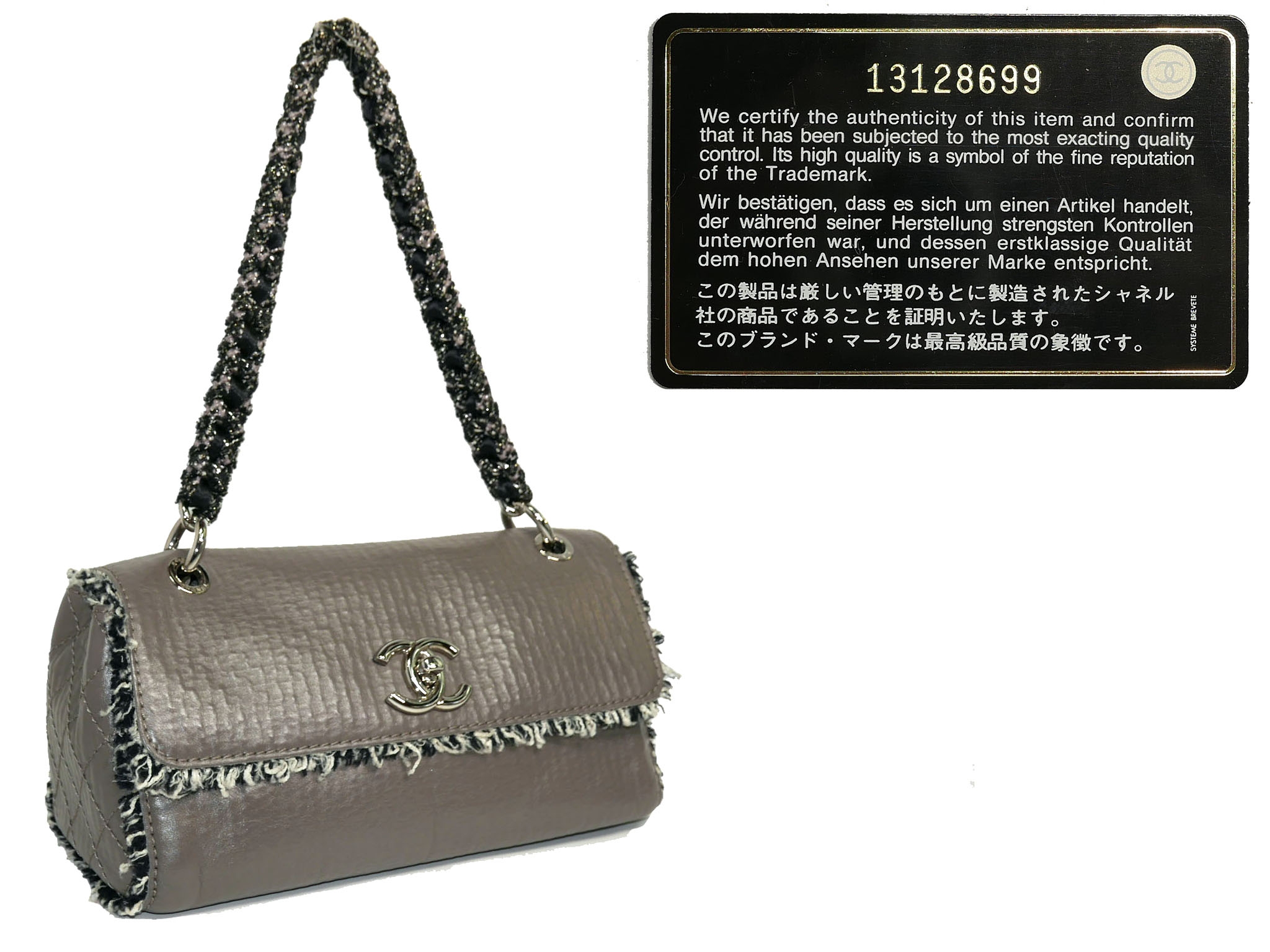 Chanel 13128699 Distressed Taupe Calfskin Tweed Trimmed Flap Bag -33084 Chanel 13128699 Distressed Taupe Calfskin Tweed Trimmed Flap Bag -33084