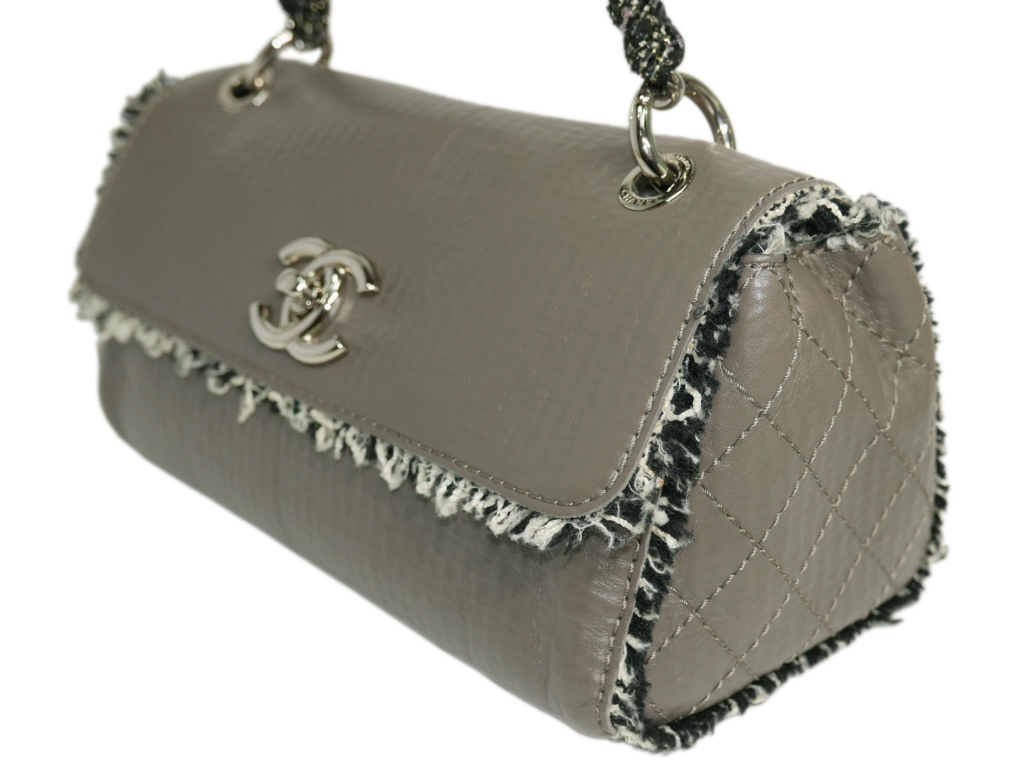 Chanel 13128699 Distressed Taupe Calfskin Tweed Trimmed Flap Bag -33080 Chanel 13128699 Distressed Taupe Calfskin Tweed Trimmed Flap Bag -33080