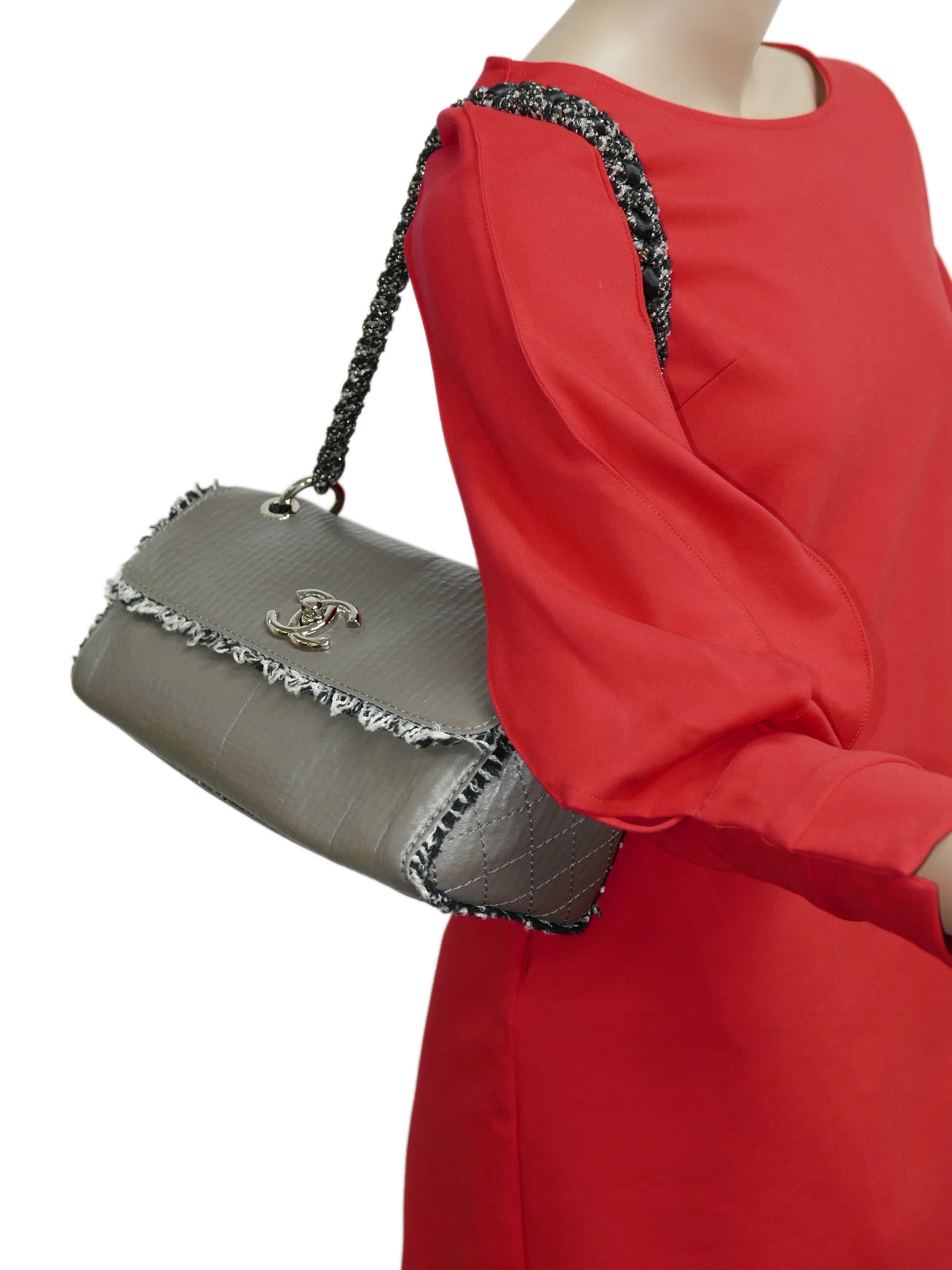 Chanel 13128699 Distressed Taupe Calfskin Tweed Trimmed Flap Bag -33082 Chanel 13128699 Distressed Taupe Calfskin Tweed Trimmed Flap Bag -33082