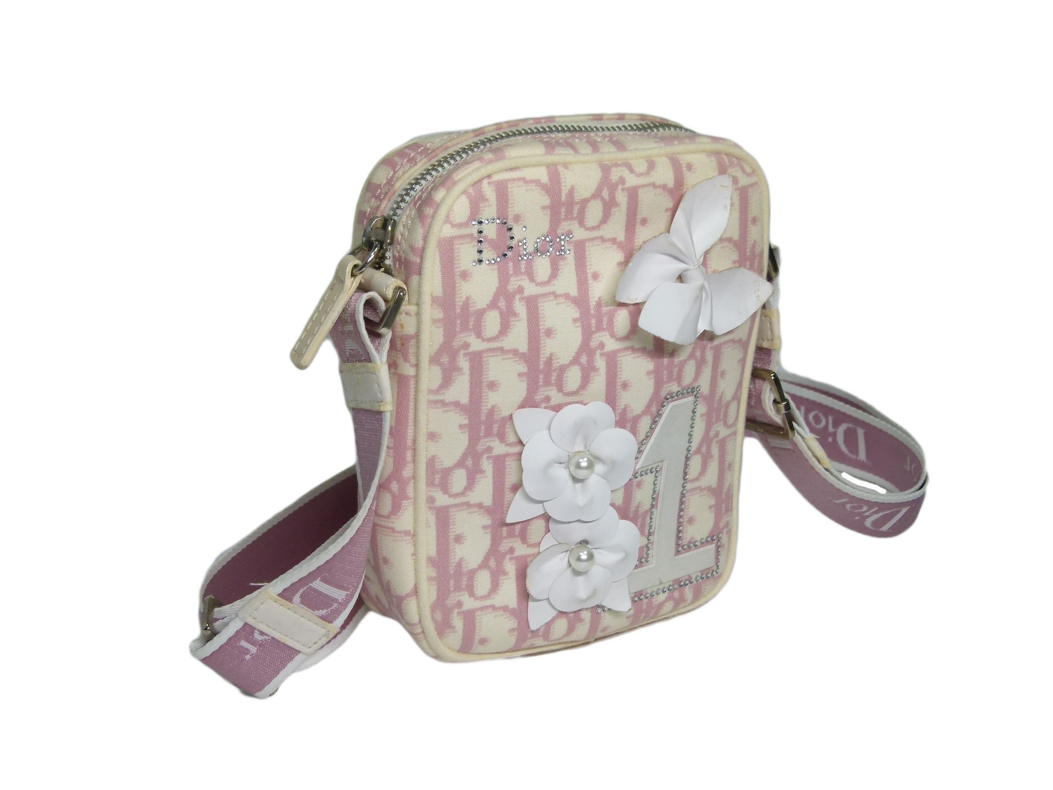 Christian Dior Girly Pink Crystal Blossom Canvas Limited Signature Small Sling Bag-33390 Christian Dior Girly Pink Crystal Blossom Canvas Limited Signature Small Sling Bag-33390