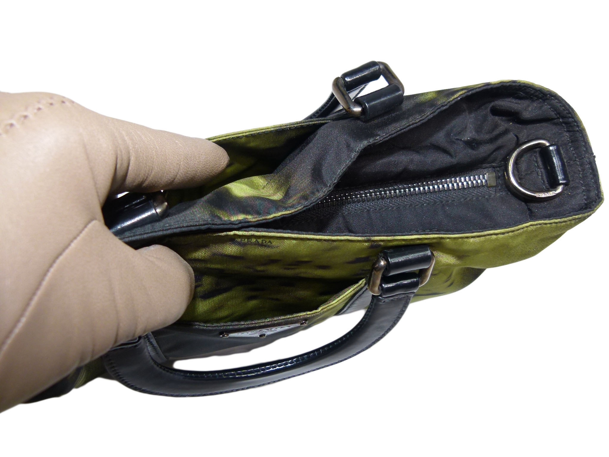 Prada Green Tessuto Nylon Forest with Black Patent Leather Trim Zip Top Small Tote-33599 Prada Green Tessuto Nylon Forest with Black Patent Leather Trim Zip Top Small Tote-33599