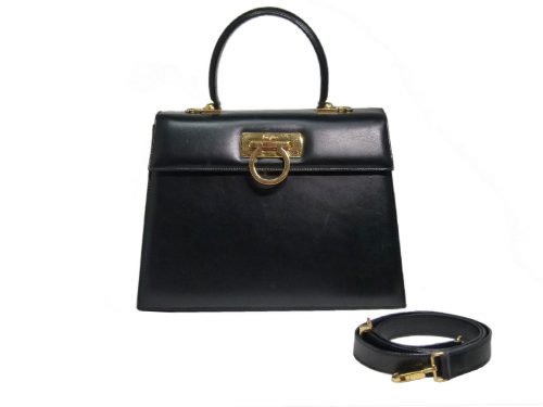 Ferragamo Black Calf Leather Signature Logo Kelly 28cm Tote with Strap -0