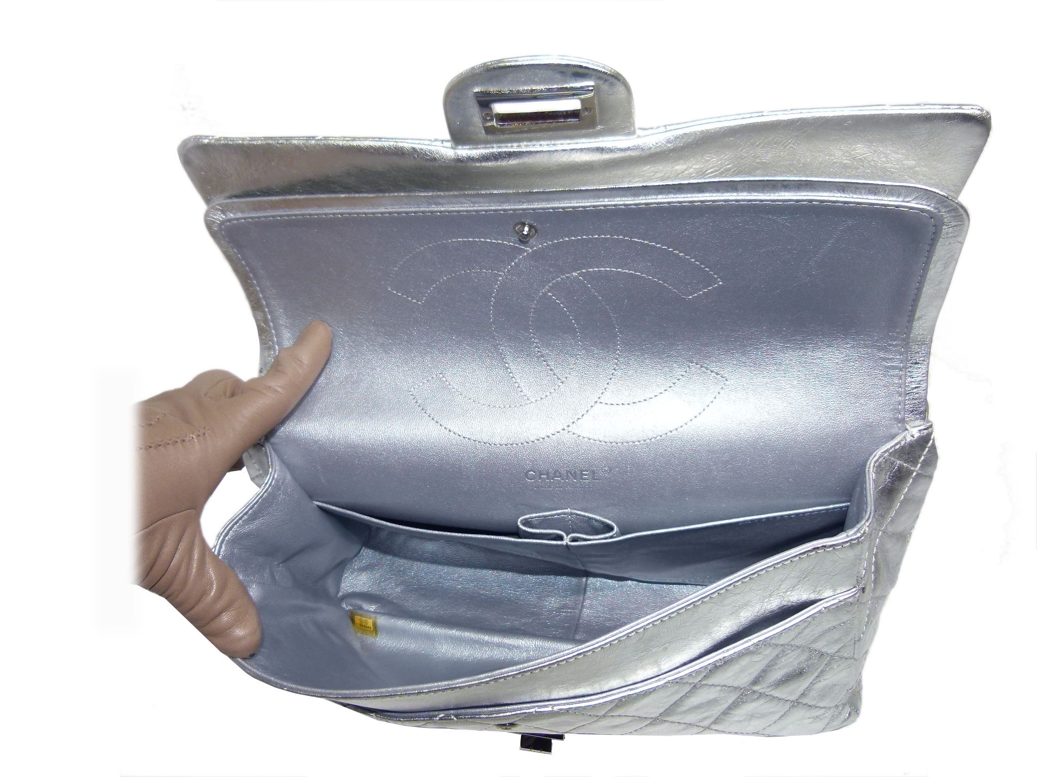 Chanel 11623242 Metallic Silver 2.55 Reissue- 227 Maxi Silver-tone Hardware Flap Bag-34004 Chanel 11623242 Metallic Silver 2.55 Reissue- 227 Maxi Silver-tone Hardware Flap Bag-34004