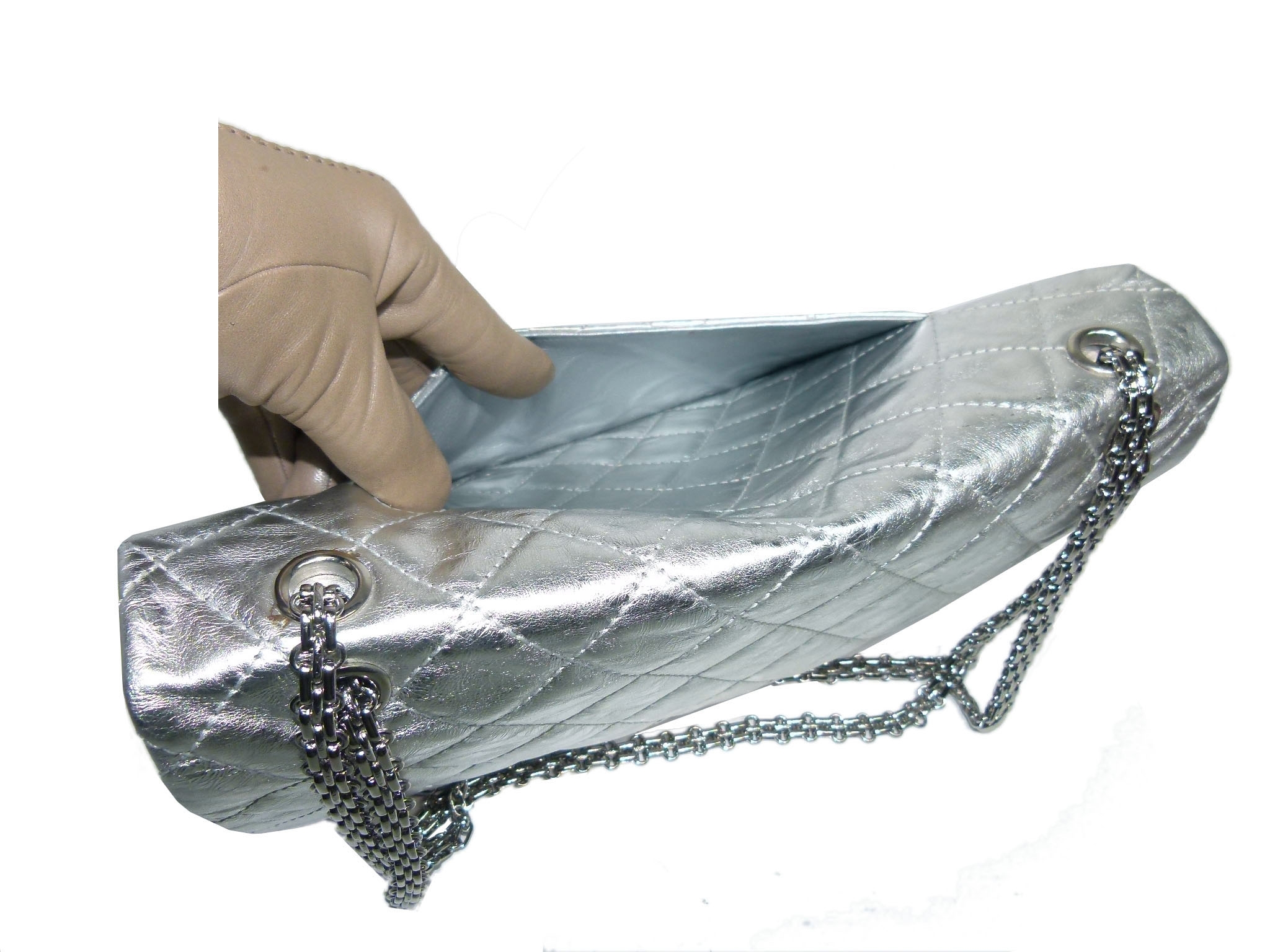 Chanel 11623242 Metallic Silver 2.55 Reissue- 227 Maxi Silver-tone Hardware Flap Bag-34002 Chanel 11623242 Metallic Silver 2.55 Reissue- 227 Maxi Silver-tone Hardware Flap Bag-34002