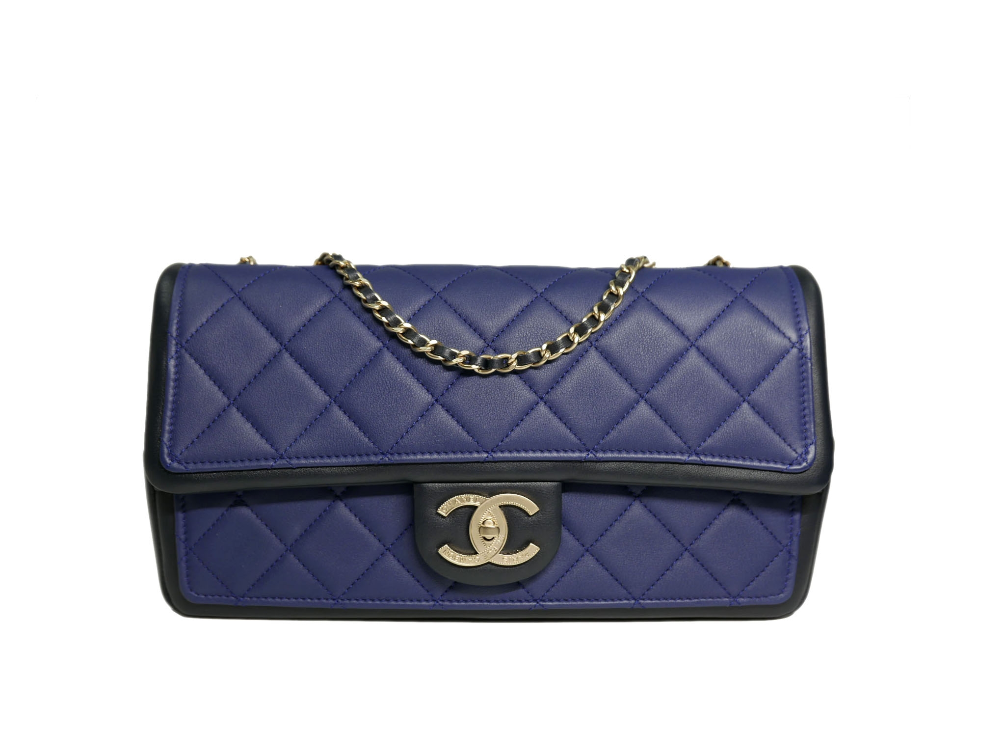 Chanel 14P 19091386 Blue/ Black Two-Tone Calfskin Medium Flap Bag in Gold Hardware-0 Chanel 14P 19091386 Blue/ Black Two-Tone Calfskin Medium Flap Bag in Gold Hardware-0