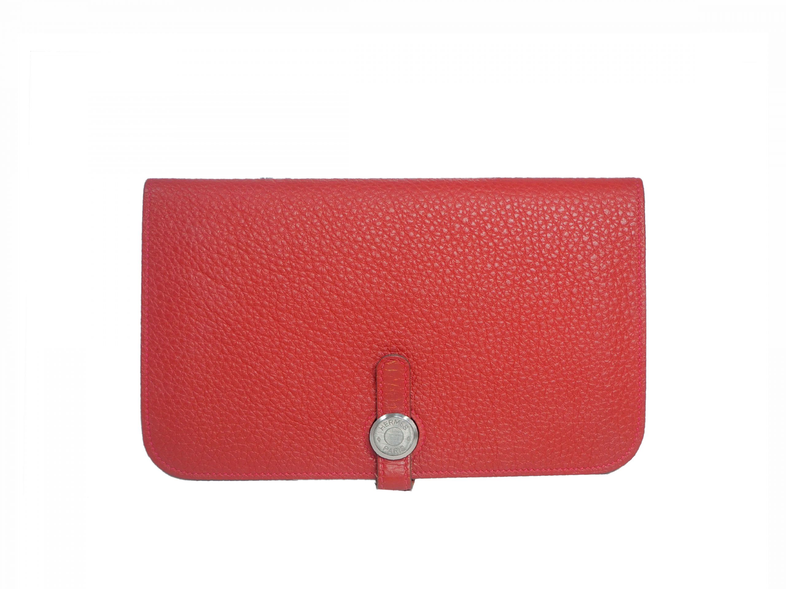 Hermès Red Veau Togo Leather Dogon Duo Combined Wallet Palladium Hardware-0 Hermès Red Veau Togo Leather Dogon Duo Combined Wallet Palladium Hardware-0