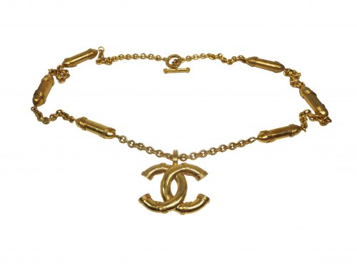 Chanel 94A Vintage Big Gold CC Logo with BULLETS Charms Necklace / Belt Chain-0