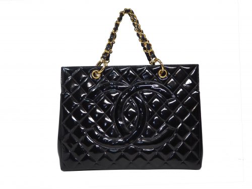 Chanel 4594128 Vintage Black Patent Double C Shopping Tote Gold Hardware-0