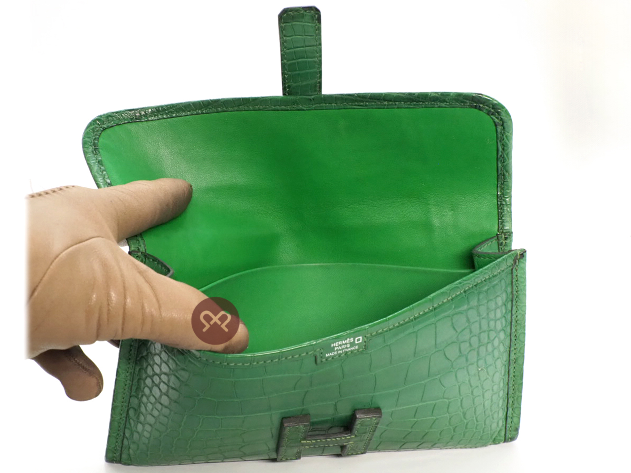 Hermes Cactus Green Alligator Matte Jige Elan 22cm X Stamp Clutch